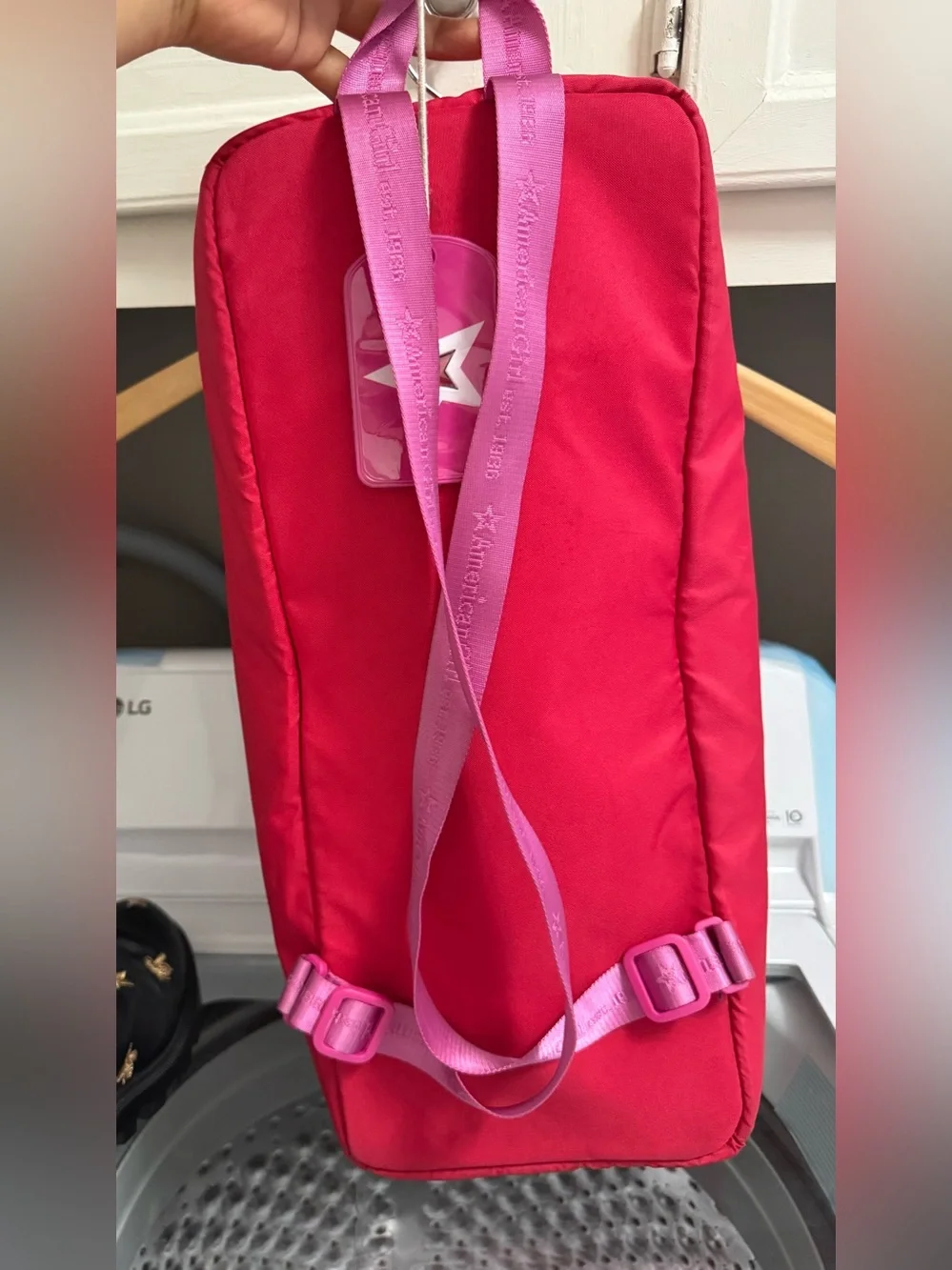 American Girl Red Doll Carrier with Pink Logo Panel and White Trim